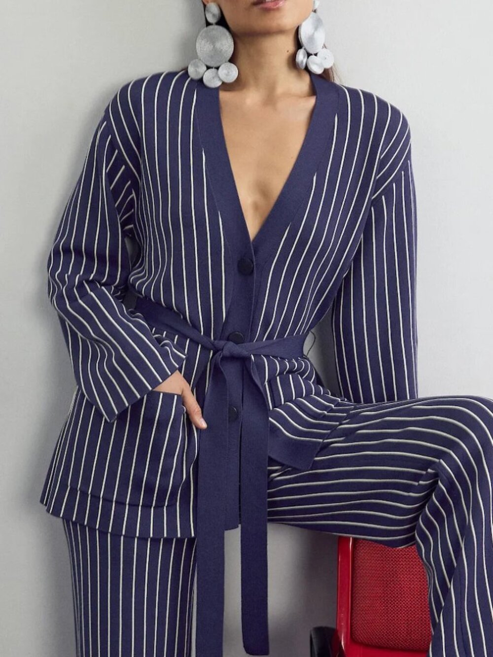 SIMONMILLER x RTR Max Pinstripe Cardigan in Navy Dark Blue White Sweater Medium